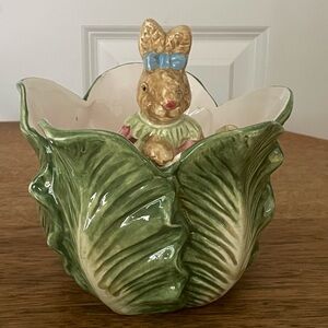 Ceramic Bunny in Cabbage Leaf Planter